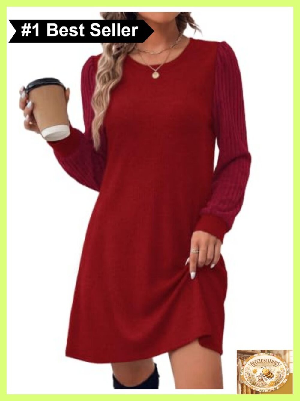 Womens Long Sleeve Sweater Dress Tunic Puff Sleeve Knee Length Casual